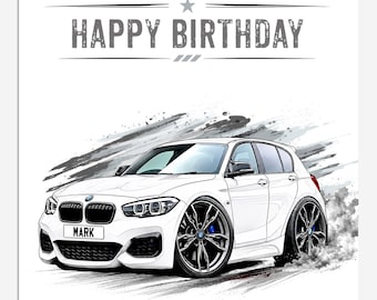Personalised M140i Birthday Card, Blue BMW 1 Series Inspired Car Card, Custom Number Plate, Petrolhead Car Lover Gift