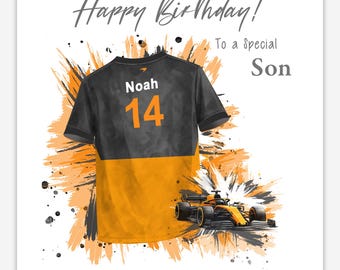 Personalised Racing Birthday Card, Motorsport Shirt, Custom Name & Number