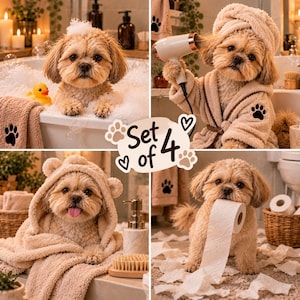 Set med 4 personliga hundbilder i badrummet | Roliga hundporträtt från foton | Badrumsinredning