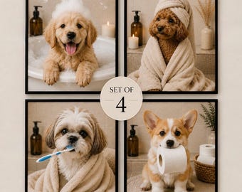 犬用バスルーム写真4枚セット｜写真から作る面白い犬の肖像画｜バスルームの装飾