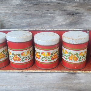 Vintage Red Tin Spice Canister w Rack | Set of 5