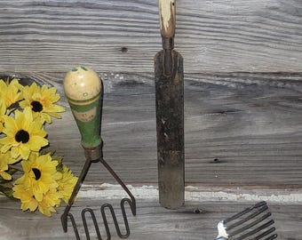 Vintage Wood Handle Kitchen Utensil | Masher Spreader Fork