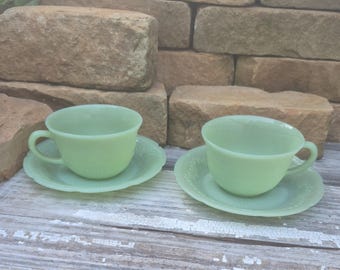 Fire King jadeite Cup and Saucer Alice pattern. Set of  2