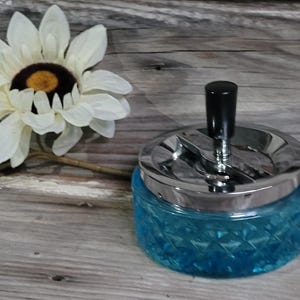 Vintage MCM Blue Glass Ashtray with push top