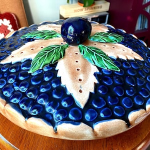 Vintage 1960s Hand Painted Ceramic Blueberry Pie Dish/Pie Keeper - Made in Portugal