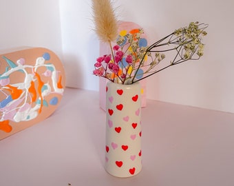 Tiny Vase With Mini Hearts / Lovers Gift / Valentine's Day Gift / Adorable Bud Vase / Handshaped and Handpainted / Cutest Gift / Funky Decor