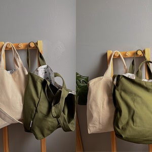 Large Canvas Shopping Bag / Washable Organic Cotton Grocery Bag / Reusable Bag / Eco Beach Bag / Flower Pattern inside bag / Shopper