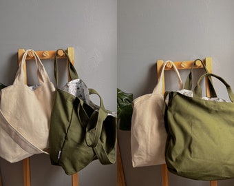 Large Canvas Shopping Bag / Washable Organic Cotton Grocery Bag / Reusable Bag / Eco Beach Bag / Flower Pattern inside bag / Shopper