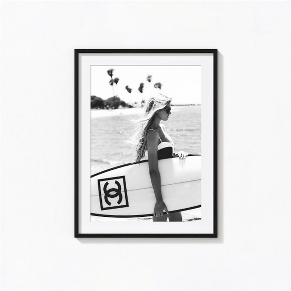 Surfer Girl Print, Beach Surfer Fashion Black and White Wall Art, Vintage Print, Photography Prints, Museum Quality Photo Art Print