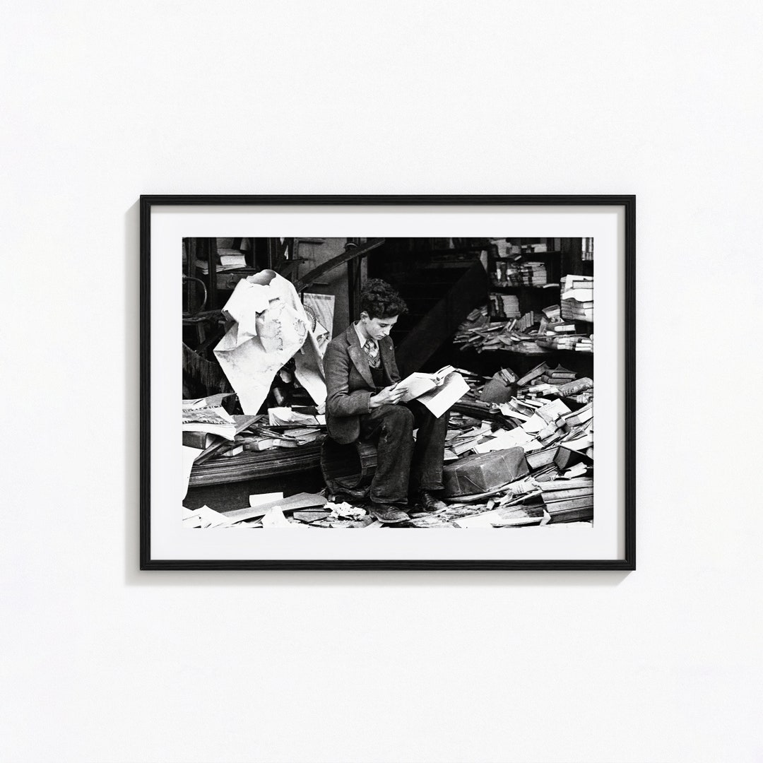 Boy Reading in Bookshop Rubble Print, London Bookshop Black and White ...