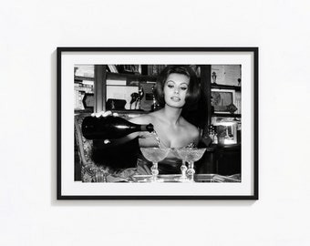 Sophia Loren Drinking Martini Poster, Black and White Wall Art, Vintage Print, Photography Prints, Museum Quality Photo Art Print