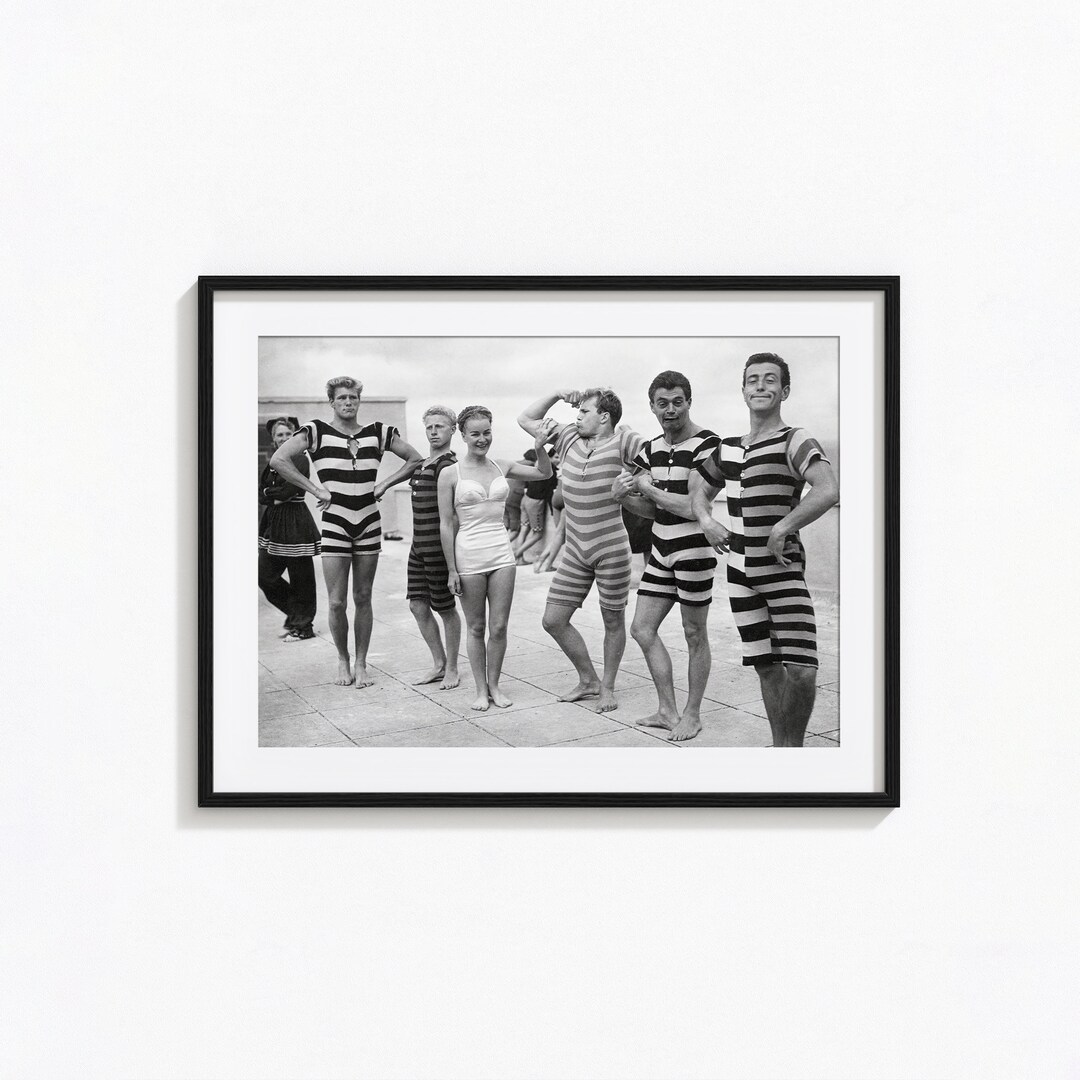 Funny Boys Flexing Muscles on the Beach Print, Black and White Wall Art ...