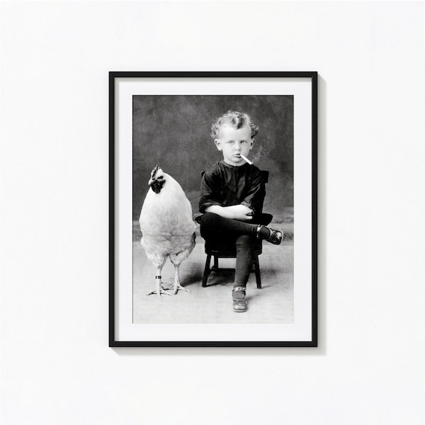 Boy with Chicken Rooster Print, Smoking Child Black and White Wall Art, Vintage Print, Photography Prints, Museum Quality Photo Art Print