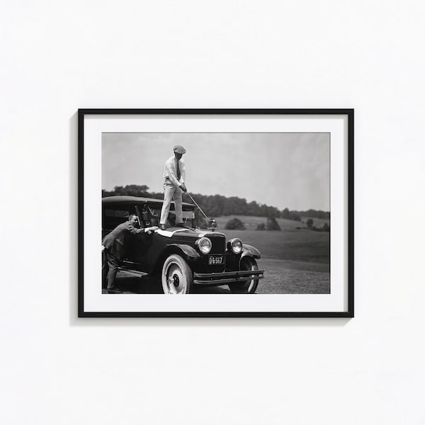 Vintage Golf Print, Golfer Standing on Antique Car, Black and White Wall Art, Vintage Print, Photography Prints, Museum Quality Photo Print