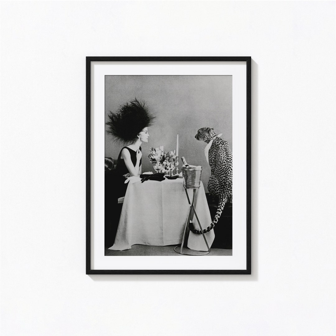 Model With Cheetah Having Dinner Print Black And White Wall Art model-with-cheetah-having-dinner-print-black-and-white-wall-art