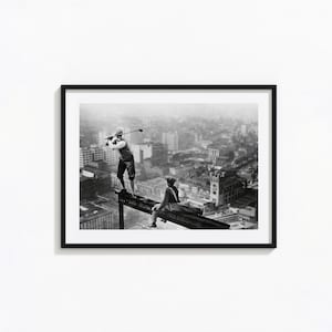 Golfer Teeing off on Girder High above City, Black and White Wall Art, Vintage Print, Photography Prints, Museum Quality Photo Art Print