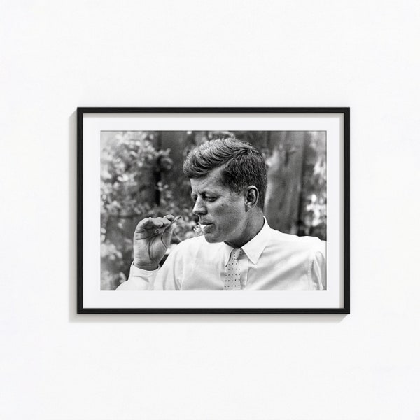 J. F. Kennedy Print, Kennedy Smoking a Cigar Black and White Wall Art, Vintage Print, Photography Prints, Museum Quality Photo Art Print