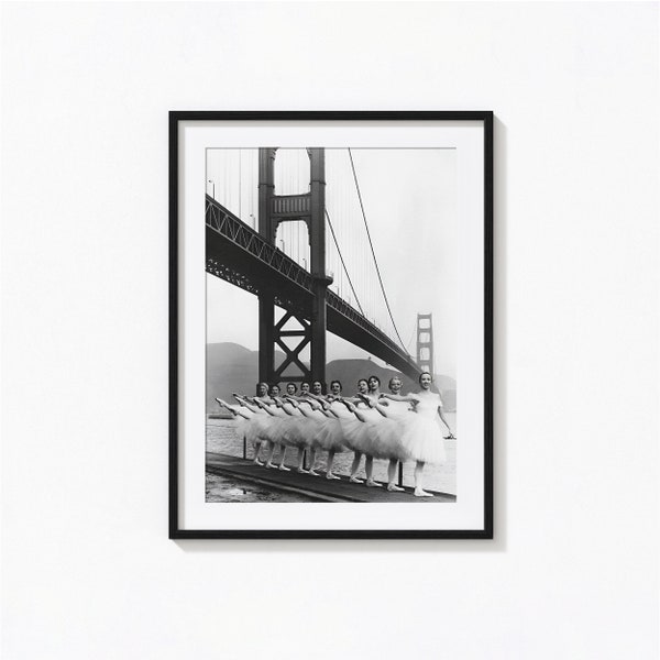 San Francisco Ballet Company and the Golden Gate Print, Black and White Wall Art, Vintage Print, Photography Prints, Museum Quality Print