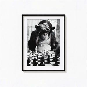 Checkmate Print, Monkey Playing Chess, Black and White Wall Art, Vintage Print, Photography Prints, Museum Quality Photo Art Print