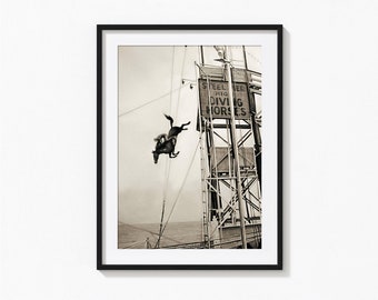 Diving Horses Print, Diving Horse lustiges Poster, schwarz und weiß Wandkunst, Vintage Print, Fotografie Drucke, Fotodruck in Museumsqualität