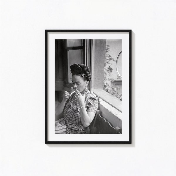 Frida Kahlo Smoking Poster, Mexican Artist, Black and White Wall Art, Vintage Print, Photography Prints, Museum Quality Photo Art Print