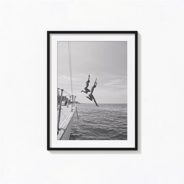 Ocean Jump Sail Boat Yacht Print, Summer Black and White Wall Art, Vintage Print, Photography Prints, Museum Quality Photo Art Print