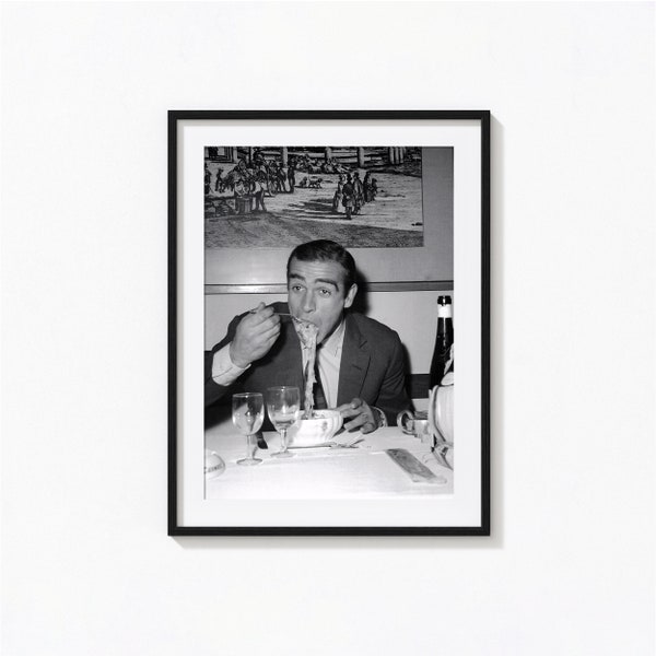 James Bond Eating Spaghetti Print, Sean Connery Black and White Wall Art, Vintage Print, Photography Prints, Museum Quality Photo Print