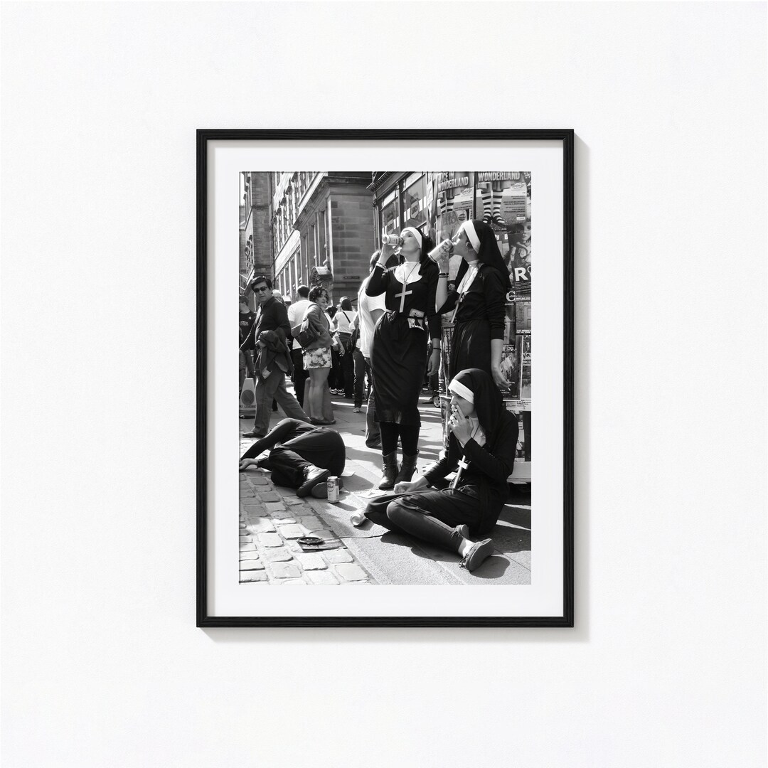 Nuns Drinking Print, Smoking Nuns, Funny Vintage Black and White Wall