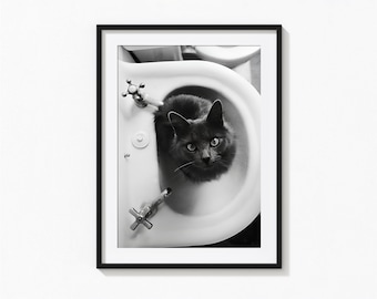 Kat zittend in badkamer gootsteen print, grappige kat zwart-witte muur kunst, vintage print, fotografie prints, museum kwaliteit foto kunst print