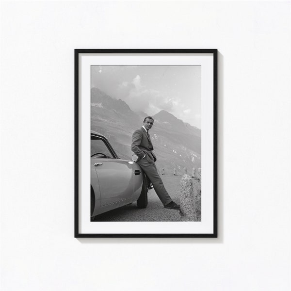 Sean Connery Print, 007 James Bond Classic Car Black and White Wall Art, Vintage Print, Photography Prints, Museum Quality Photo Print