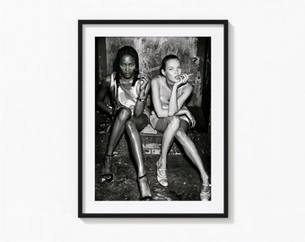 Naomi Campbell and Kate Moss Print, Fashion Poster, Black and White Wall Art, Vintage Print, Photography Prints, Museum Quality Print