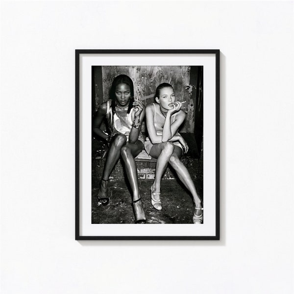 Naomi Campbell and Kate Moss Print, Fashion Poster, Black and White Wall Art, Vintage Print, Photography Prints, Museum Quality Print