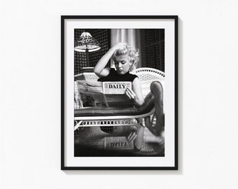 Marilyn Monroe lesen Zeitung Poster, schwarz und weiß Wandkunst, Vintage Print, Fotografie Drucke, Foto Kunstdruck in Museumsqualität