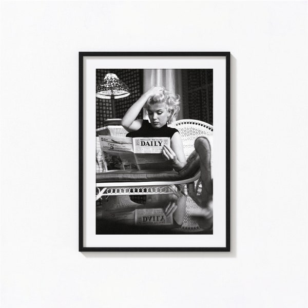 Marilyn Monroe Reading Newspaper Poster, Black and White Wall Art, Vintage Print, Photography Prints, Museum Quality Photo Art Print