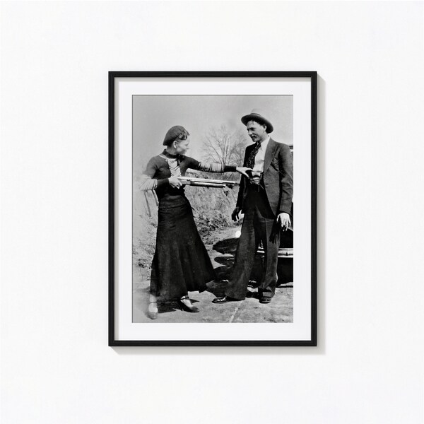 Bonnie & Clyde Print, Bonnie und Clyde Foto, schwarz und weiß Wandkunst, Vintage Print, Fotografie Drucke, Foto Kunstdruck in Museumsqualität