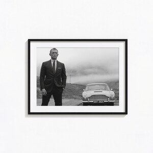 Daniel Craig Print, 007 James Bond Car, Black and White Wall Art, Vintage Print, Photography Prints, Museum Quality Photo Art Print