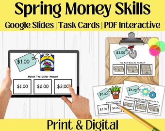 Vårpengar, Nästa dollar upp, Räkna och identifiera amerikanska pengar, Skriv ut + Google Slides, Räkna sedlar och mynt, Specialpedagogisk livskunskap, Uppgiftskort