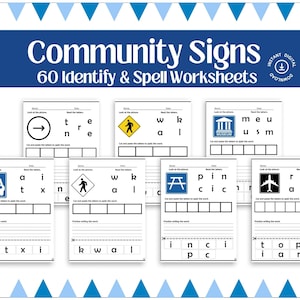 May include: A set of 60 printable worksheets for kids to learn about community signs. Each worksheet features a different sign, such as a pedestrian crossing sign, a museum sign, and a picnic table sign. The worksheets include the letters of the word for each sign, and kids can cut and paste the letters to spell the word.