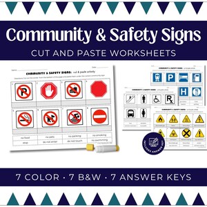May include: A set of Community & Safety Signs cut and paste worksheets featuring various traffic and public safety symbols. The pages include grids with icons for no parking, stop, no food, no pets, no swimming, and no smoking, plus an answer key.