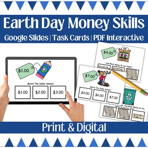 Unidad de matemáticas sobre el dinero en el Día de la Tierra, Presentaciones de Google, Educación financiera para niños, Actividades de conteo y gasto de monedas, Tarjetas de tareas, Educación especial, Educación en casa