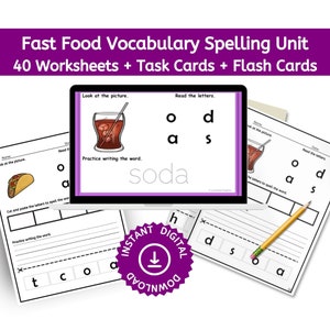 May include: A digital download for a fast food vocabulary spelling unit. The image shows a worksheet with a picture of a soda, the letters "soda" and a dotted line for tracing the word. The text "Instant Digital Download" is in a purple circle.