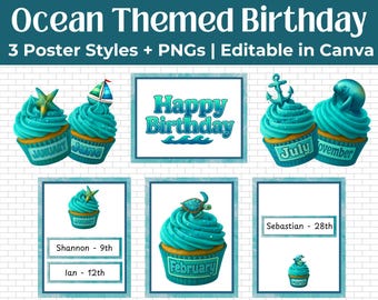 Ocean Themed Birthday Bulletin Board, Classroom Birthday Cupcakes Display, Birthday Chart, Classroom Decor, Under The Sea Classroom,  UTS
