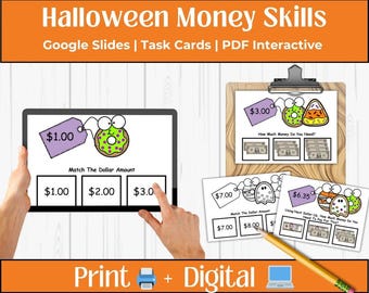 Halloween-pengar – Nästa dollar upp, Räkna sedlar och Dollarigenkänning, Specialpedagogik och Hemundervisning i Matematik K–3, PDF + Uppgiftskort, HALLO