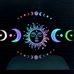 Holographic Boho sun and moon car decal /  camper sticker / van exterior decal / car window / bumper sticker / nature