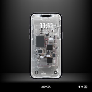 Peut inclure: Un smartphone transparent avec un circuit imprimé interne visible. L'écran affiche l'heure 11:11 et la date vendredi 20 avril. Le téléphone est étiqueté "MONZA" en bas.