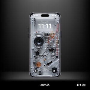 Könnte beinhalten: Ein transparentes Smartphone mit sichtbarem Innenleben. Der Bildschirm zeigt die Uhrzeit "11:11" und das Datum "Friday, April 20". Das Telefon ist mit "MONZA" beschriftet und hat eine 4K-Auflösung.