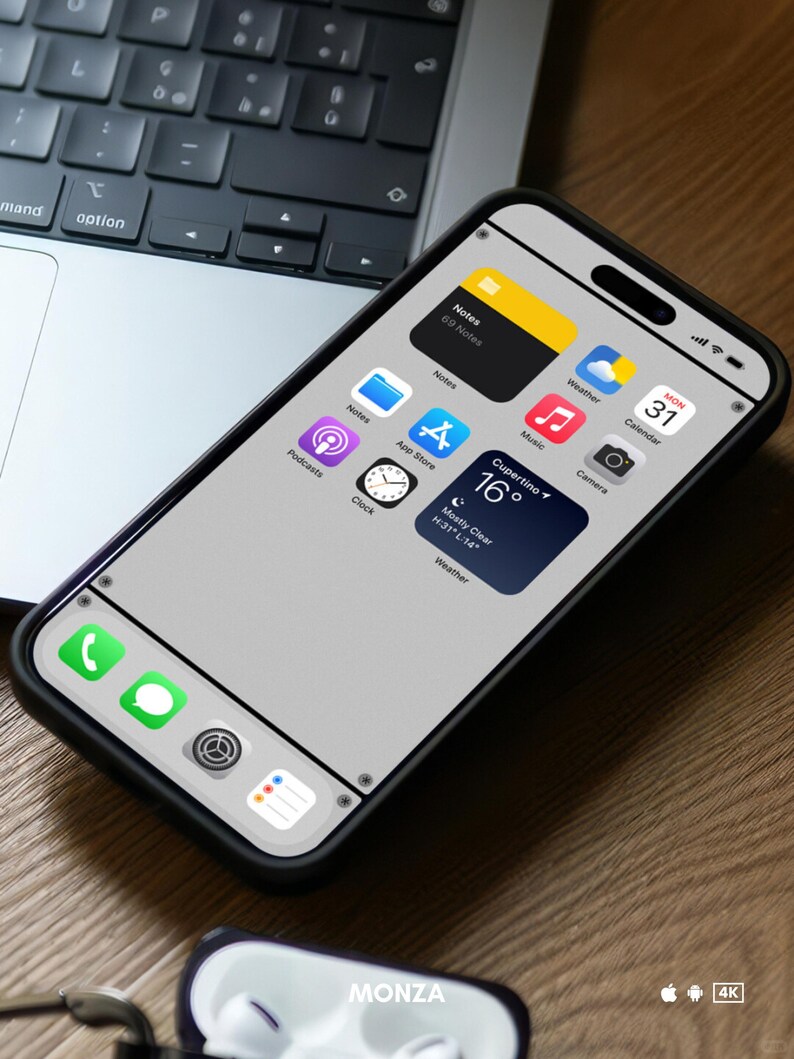 May include: A black smartphone with a gray screen displaying various app icons, including Notes, Weather, Calendar, Music, Camera, Podcasts, Clock, and App Store. The phone is on a wooden surface with a laptop and white earbuds in the background. The phone screen also shows the current weather in Cupertino, California, with a temperature of 16 degrees Celsius and a mostly clear sky.