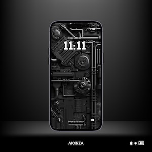 Puede incluir: Una pantalla de teléfono en blanco y negro con un reloj digital que muestra las 11:11. El fondo es un diseño complejo de engranajes y tuberías metálicas entrelazados. El texto "Viernes, 20 de abril" es visible en la parte superior de la pantalla. El texto "Deslizar hacia arriba para desbloquear" es visible en la parte inferior de la pantalla.