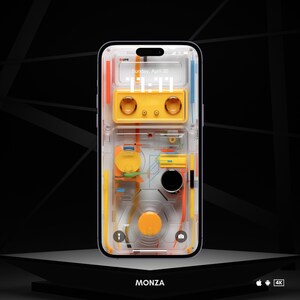 Puede incluir: Una funda transparente para teléfono con un diseño amarillo, naranja y azul. La funda tiene una pantalla de reloj digital que muestra "Domingo, 20 de abril, 11:11". La funda también tiene un pequeño icono de cámara y un icono de micrófono.
