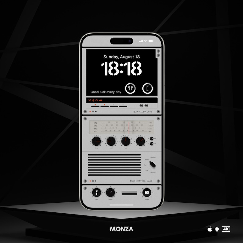 May include: A digital clock app on a smartphone screen displays the time 18:18 with the date Sunday, August 18. The app has a retro design with a radio tuner and control knobs. The text "Good luck every day" is displayed below the clock.